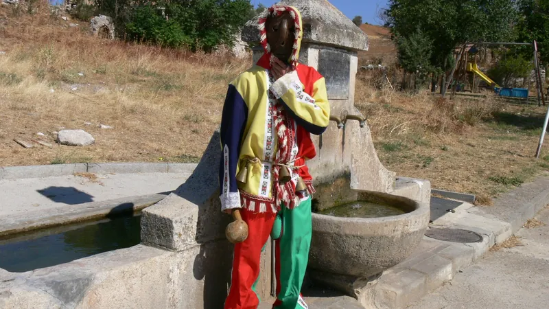 Botarga con traje de colores y máscara junto a una fuente de piedra en un pueblo de Guadalajara